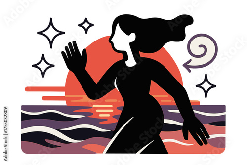 Sunset Tide Tranquility. Evening tide. Glowing sunset reflecting across shimmering tide waves rolling in softly. Floating icons of sparkle, swirl, and star