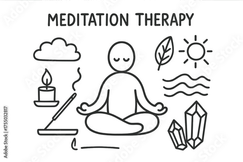 Meditation Elements Doodle. Meditation Therapy. Hand-drawn doodle illustration Meditation Therapy person sitting lotus pose candle incense cloud leaf sun waves
