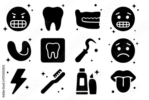 Clenched Teeth Icons. Clenched mouth. Solid icons set of Clenched mouth: face with clenched teeth, molar tooth, jaw, braces, mouthguard, dental X-ray, dentist