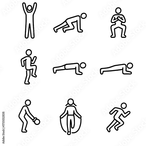 HIIT Workout Icons. Outline icon set of HIIT workout moves: burpee, mountain climber, jump squat, high knee, plank jack, push-up,