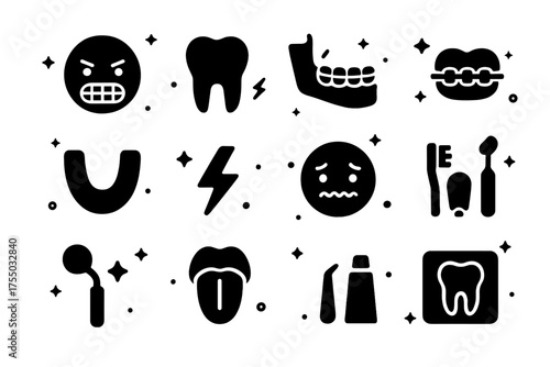 Bruxism Icon Set. Bruxism. Solid icons set of Bruxism: clenched teeth face, molar tooth, jaw, braces, mouthguard, lightning bolt, nervous face, toothbrush,