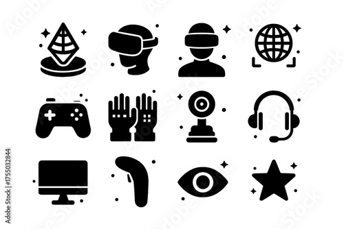 Augmented Reality Icons. Augmented reality. Solid icons set of Augmented reality: hologram, VR headset, avatar, virtual globe, joystick, gloves, camera,