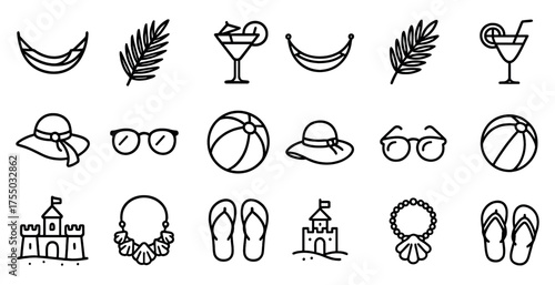 Beach vacation linear icons set – outline, seaside, summer activity symbols