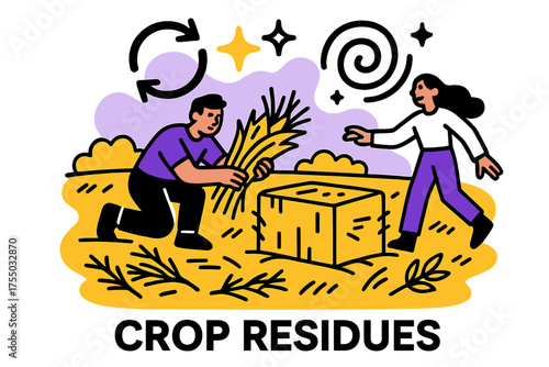 Sustainable Harvest Glow. Crop Residues. A glowing field with hay and plant waste being collected for recycling, abstract spark and swirl icons symbolizing