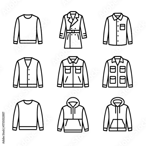 Iconic Layered Fashion Outlines. Outline icon set of refined layering essentials: lightweight sweater, trench coat, overshirt,