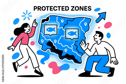Safe Fishing Map. Protected Zones. A glowing map with marked safe fishing areas, abstract spark and arrow icons symbolizing conservation. Modern flat-line