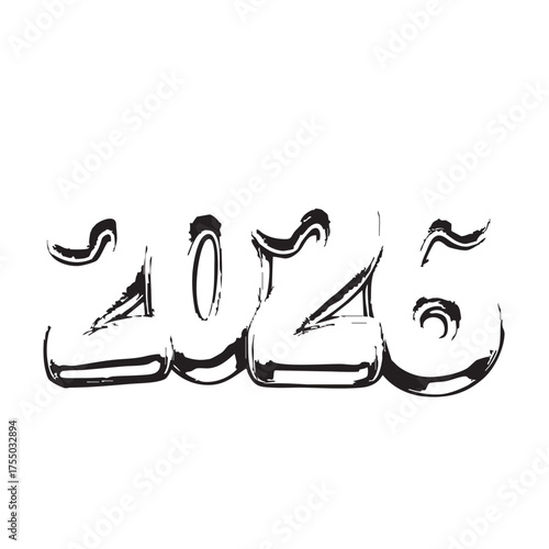 Stylized 2026 Vector — Black and White Illustration of Glossy, Inflated Digits with Artistic Distortion and 3D Effect