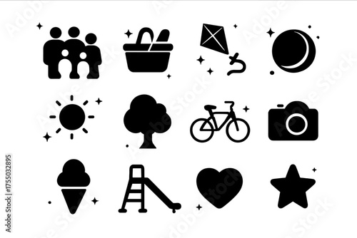 Family Outing Icons. Family outing. Solid icons set of Family outing: family silhouette, picnic basket, kite, ball, sun, tree, bicycle, camera, ice cream,
