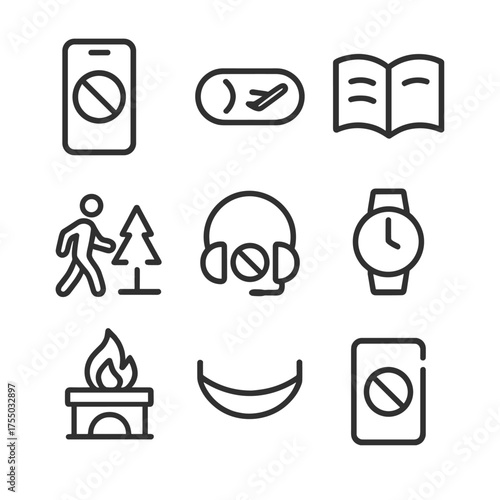 Digital Detox Icons. Outline icon set of digital detox practices: smartphone with “off” symbol, airplane mode toggle, book, nature