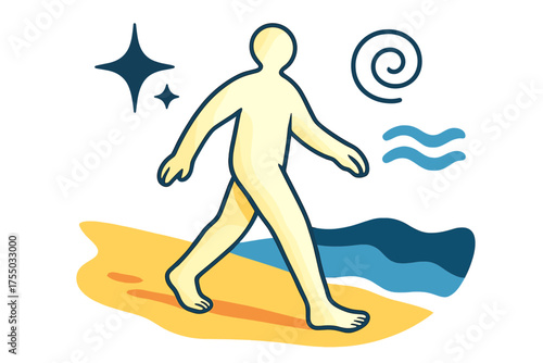 Serene Beach Walk. Warm sand. Glowing figure walking barefoot on golden beach, toes sinking gently. Floating icons of sparkle, wave, and swirl symbolizing