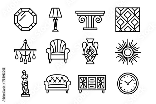 Art Deco Icon Set. Art deco style. Line icon set of Art deco style: geometric mirror, decorative lamp, console table, patterned wallpaper,