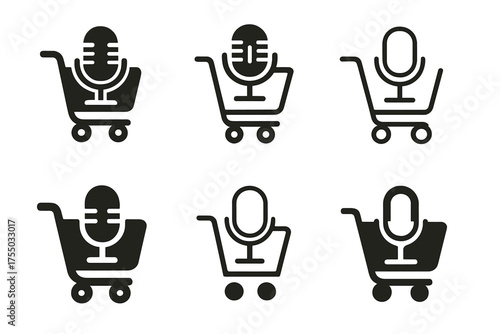 Podcast Commerce Logos. The rise of podcasting as a marketing tool. Set Logo of The rise of podcasting as a marketing tool: Microphone inside a shopping cart