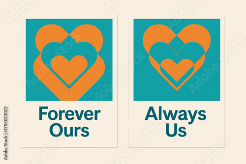 Abstract Heart Banners. Affection. Two vertical A6 banners with safe margins, centered composition, no elements touching edges, geometric style, turquoise and