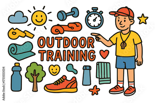 Colorful Outdoor Training Doodles. Outdoor Training. Colorful Hand-drawn doodle Children illustration coach, whistle, stopwatch, dumbbell, yoga mat, water