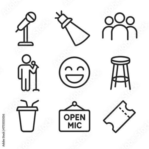 Comedy Icons Set. Outline icon set of stand-up comedy performance: microphone on stand, stage spotlight, audience silhouette,