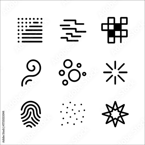 Abstract Effects Icons. Outline icon set of abstract effects: halftone dots, glitch lines, pixel mosaic, smoke swirl, bubble