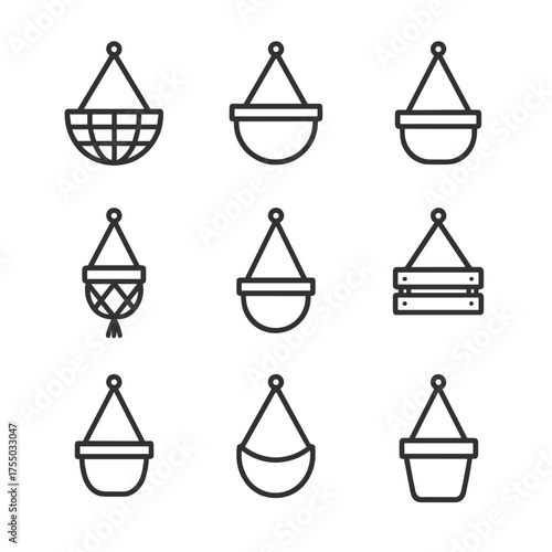 Hanging Planter Icons. Outline icon set of types of hanging planters: wire basket, coconut fiber liner, ceramic pot, macramé