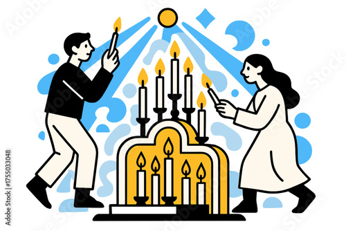 Candlelight Geometric Ritual. Church Candle Ritual. Multiple candles on abstract altar, floating light beams and geometric shapes enhancing sacred atmosphere.