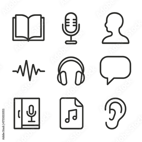 Audiobook Production Icons. Outline icon set of audiobook production: book, microphone, narrator silhouette, audio waveform,