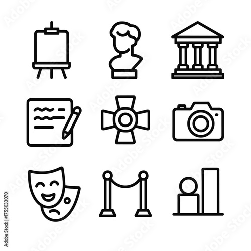 Aesthetic Theory Icon Set. Outline icon set of aesthetic theory and critique: painting canvas, sculpture bust, gallery building,