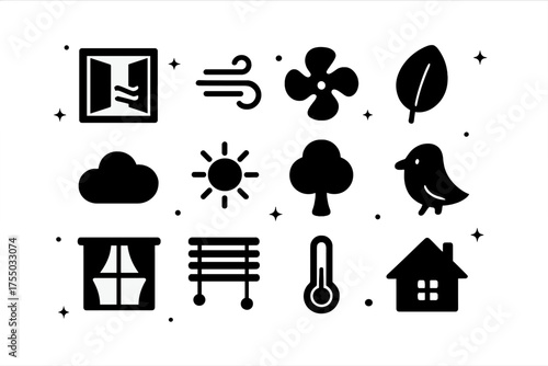Natural Airflow Icons. Natural airflow. Solid icons set of Natural airflow: open window, breeze lines, fan, leaf, cloud, sun, tree, bird, curtains, blinds,