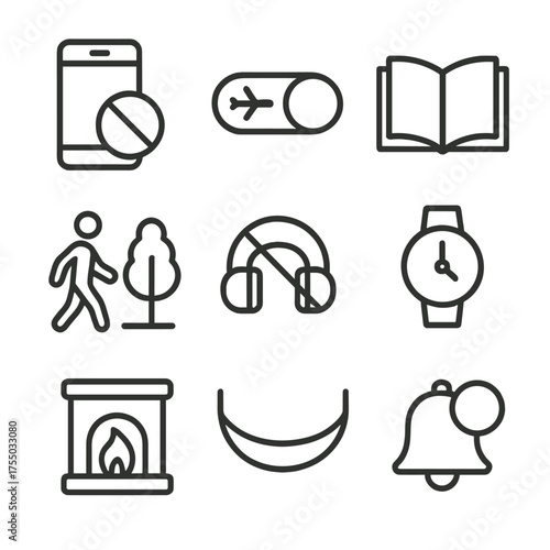 Digital Detox Icons. Outline icon set of digital detox practices: smartphone with “off” symbol, airplane mode toggle, book, nature