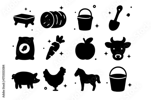 Animal Feeding Icons. Animal feeding tools. Solid icons set of Animal feeding tools: feed trough, hay bale, water bucket, shovel, grain sack, carrot, apple,