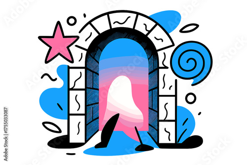 Glowing Ancient Portal. Ancient Gateway. A glowing stone tunnel with carved edges, abstract floating star and spiral shapes symbolizing history and secrets.