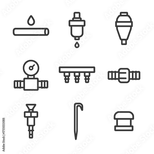 Drip Irrigation Icons. Outline icon set of drip irrigation systems: drip line, emitter, filter, pressure regulator, manifold,