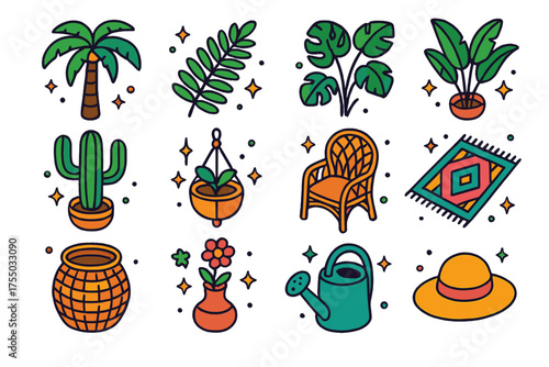 Exotic Decor Icons. Exotic Decor. Colorful isometric vector icons set of exotic decor: palm tree, fern, monstera, banana plant, cactus, hanging planter, wicker