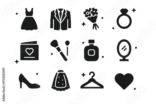 Wedding Prep Icons. Wedding preparations. Solid icons set of Wedding preparations: wedding dress, suit, bouquet, ring, invitation card, makeup brush, perfume