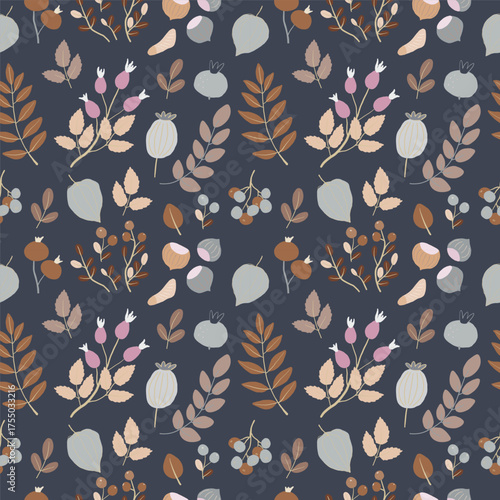 Cute seamless pattern with colourful hand drawn fallen leaves, poppy seed heads, rose hips, berries and groundcherry. Bright autumn tiling background, textile, wrapping paper. Cozy fall wallpaper.