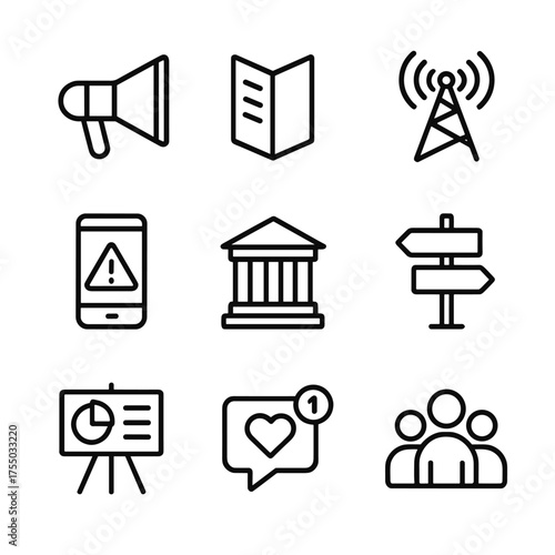 Community Education Icons. Outline icon set of community education and communication: megaphone, brochure leaflet, radio broadcast
