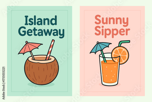 Tropical Beverage Banners. Tropical Beverages. Two vertical A6 banners with safe margins, centered composition, no elements touching edges, cartoon, pastel