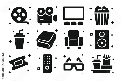 Movie Night Essentials. Movie Watching. Solid icons set of Movie Watching: film reel, projector, screen, popcorn, soda, blanket, chair, speaker, ticket,