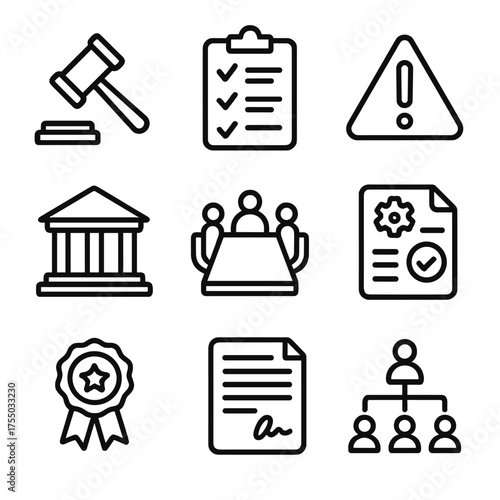 AI Governance Icons. Outline icon set of AI accountability and governance: gavel, clipboard with checklist, warning triangle,