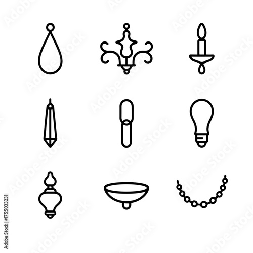 Chandelier Element Icons. Outline icon set of crystal chandelier elements: crystal drop, metal frame, candelabra arm, glass prism,