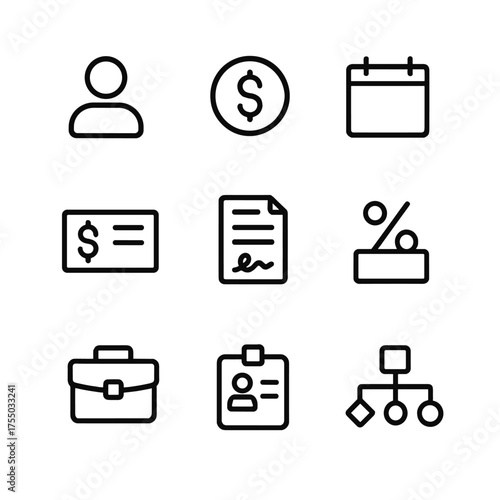 HR Icon Set. Outline icon set of HR and payroll outsourcing: user profile, dollar sign, calendar page, paycheck stub, contract