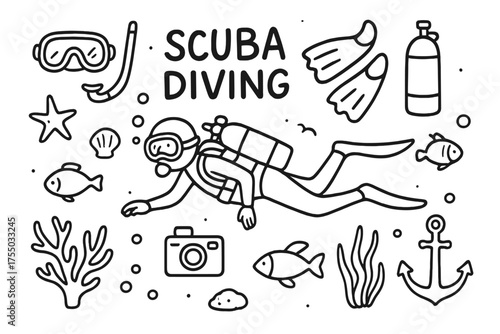 Scuba Diving Doodle. Scuba Diving. Hand-drawn doodle illustration scuba diving diver, mask, fins, snorkel, scuba tank, coral, fish, starfish, underwater