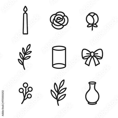 Floral Candle Icon Set. Outline icon set of floral candle centerpiece: taper candle, rose bloom, peony bud, greenery sprig, glass