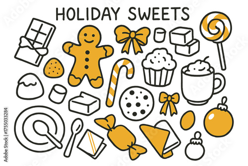 Holiday Sweets Doodle. Holiday Sweets. Hand-drawn doodle illustration holiday sweets gingerbread man (accented), chocolate bar, truffle (accented), cupcake,