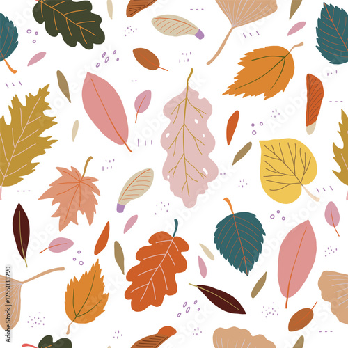 Cute seamless pattern with colourful hand drawn fallen leaves and maple seed pods. Bright autumn tiling background, textile, wrapping paper. Cozy fall wallpaper.