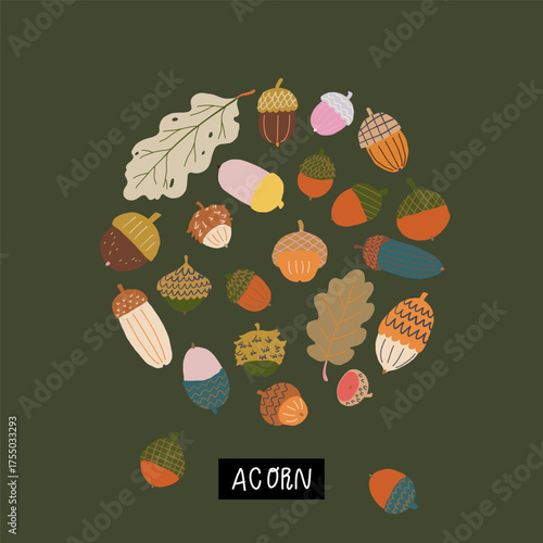 Cute doodle style acorns and oak leaf vector collection isolated on dark green background. Hand drawn circle shape autumn set. Clipart of fall harvest of nuts.