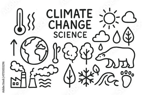 Climate Change Doodles. Climate change science. Hand-drawn doodle illustration climate change globe, thermometer, sun, cloud, raindrop, snowflake, tree, leaf,