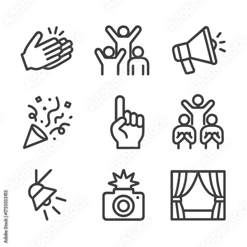 Cheering Icon Set. Outline icon set of cheering and applause: clapping hands, cheering crowd silhouette, megaphone, confetti burst