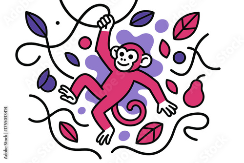 Monkey Swinging Jungle. Scenic View. Hand-drawn doodle illustration Scenic View river boat tree bridge cloud sun bird fish waves camera binoculars hat. Simple