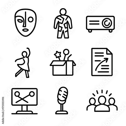 Avant-Garde Performance Icons. Outline icon set of avant-garde performance: abstract mask, experimental costume, multimedia