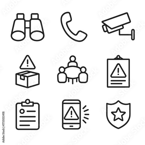 Community Vigilance Icons. Outline icon set of community vigilance and reporting: neighborhood watch binoculars, hotline phone,