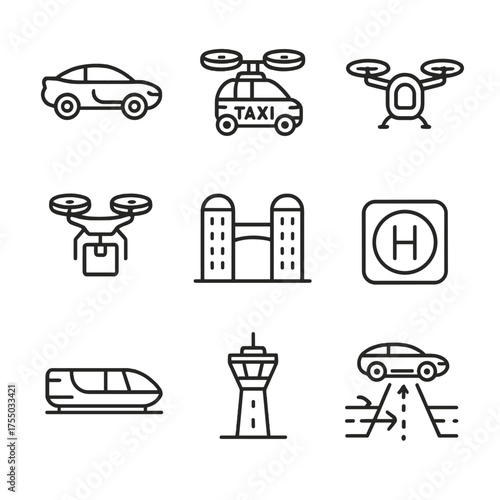 Futuristic City Transport Icons. Outline icon set of a futuristic city aerial mobility: flying car, hover taxi, personal drone,