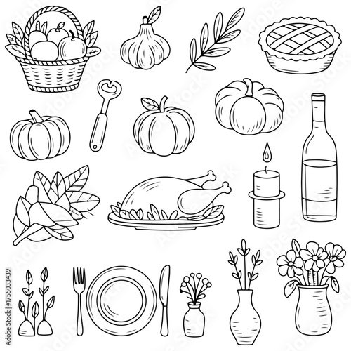 Hand Drawn Thanksgiving Icon Set Autumn Food, Harvest and Celebration Elements
